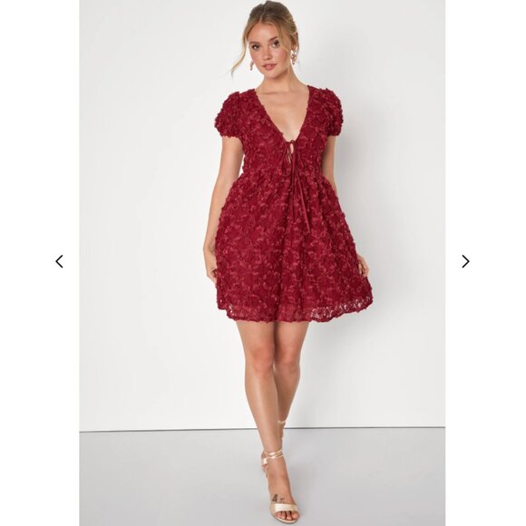 Lulus NWT Burgundy Lace Dress L | 3D Floral Appliqué Wedding Guest Outfit - Picture 3 of 15
